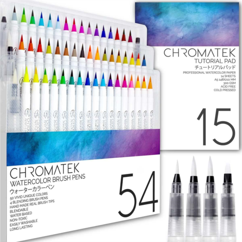 CHROMATEK 54 Watercolor Pens Set, Including 15 Page Pad & Online Video Tutorial Series, 4 Aquapens, 50 Unique Colors, Real Brush Pens, Easily Blended, Vivid, Smooth, Professional A