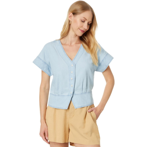 Womens Madewell Denim Pleated Short-Sleeve Top in Doral Wash