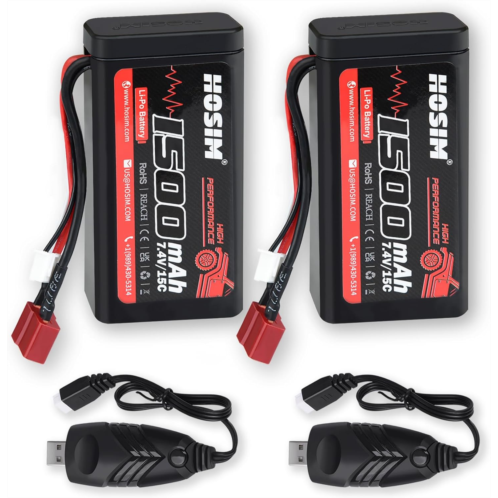 Hosim 2PCS 7.4V 1500mAh 15C Lipo Battery RC Lipo Batteries with 2 USB Chargers RC Car Remote Control Car RC Truck RC Boat Battery