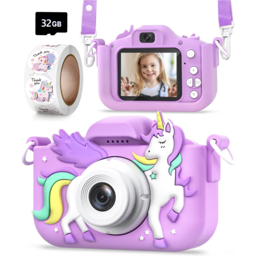 Seckton Kids Camera Toys for Girls Ages 3-8, Children Digital Video Camera with Protective Silicone Cover, Christmas Birthday Gifts for 3 4 5 6 7 8 Year Old Girls with 32GB SD Card