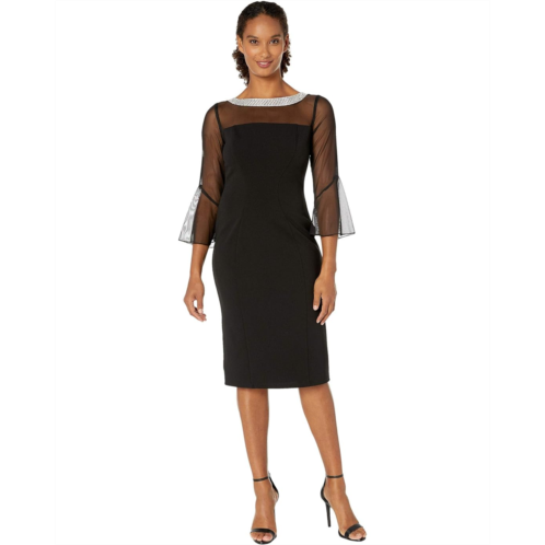 Womens Alex Evenings Short Shift Dress with Beaded Illusion Neckline and Bell Sleeves