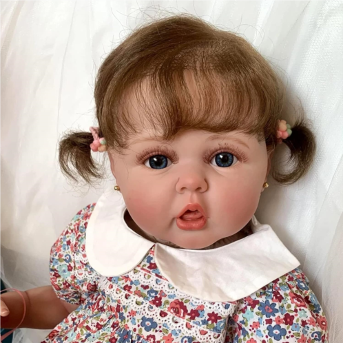 RXDOLL Poseable Reborn Toddler Girl with Brown Hair 24 Inch Silicone Vinyl Reborn Baby Dolls Toddler Eyes Open Life Size Realistic Toddler Dolls Gril That Look Real with Accessorie