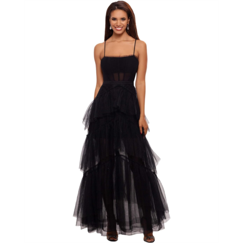 Womens Betsy & Adam Long Corset Tiered Mesh Illusion Gown