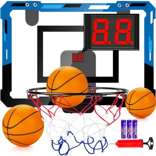 Loiley Basketball Hoop Indoor for Kids Adults with Scorer with 2 Scoring Methods, Door Room Basketball Mini Hoop with 3 Batteries and Balls, Basketball Accessories for Teen Boy Gifts, Blu