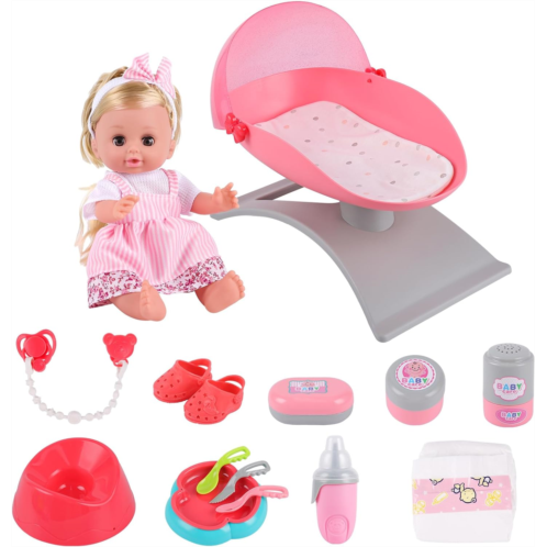 BABESIDE Baby Doll Play Set, Baby Doll and Accessories with Cradle, Feeding and Care Accessories, Real Baby Doll Set for Kids Pretend Play Set