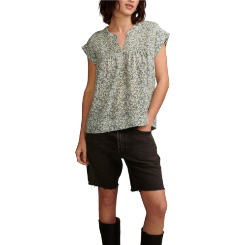 Womens Lucky Brand Short Sleeve Printed Smocked Blouse