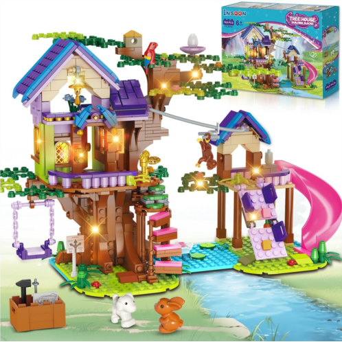 INSOON Tree House Building Set with LED Light, 762 PCS Treehouse Building Toy, Friendship Animal Forest House Building Block Kit, Birthday Gift for Kids Girls Boys Ages 6 7 8 9 10 11 12+