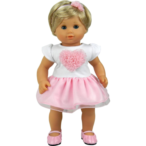 Sophias Heart Dress with Attached Tulle Skirt and Headband Outfit for 15 Dolls, White/Pink