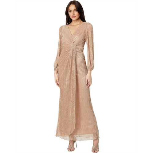 Adrianna Papell Long Sleeve Crinkle Metallic Side Draped Gown