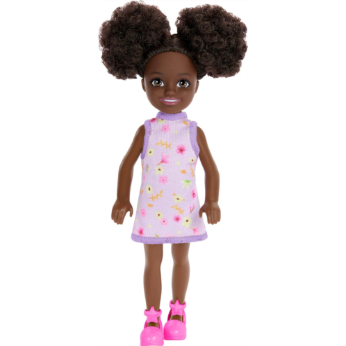 Barbie Chelsea Doll, Small Doll Wearing Removable Purple Floral Dress & Pink Shoes with Space Buns & Brown Eyes