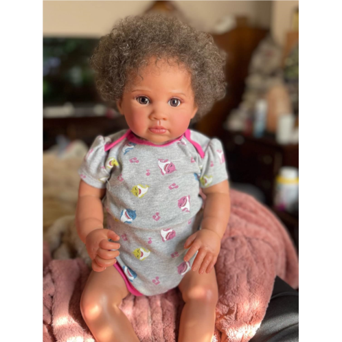 Anano Reborn Baby Dolls Black Girl - 24 Inch Lifelike Soft Body Realistic - Big Black Reborn Baby Doll Taupe Eyes Caramel Skin Tone Pink Outfit Real Life Baby Dolls That Look Real