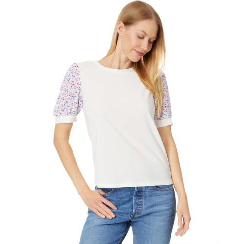 CeCe Crew Neck Mixed Media Short Sleeve Top