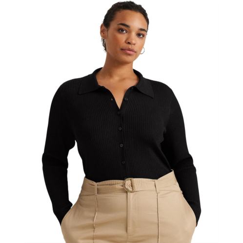 POLO RALPH LAUREN Womens Lauren Ralph Lauren Plus-Size Rib-Knit Long-Sleeve Polo Cardigan