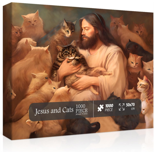PPuzzling Christian Jesus Puzzles for Adults 1000 Pieces, Religious Jigsaw Puzzles of Jesus and Cat, Challenging Inspirational Cat Animal Adult Puzzles