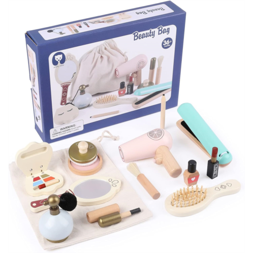 XAOHAO Pretend Play,Wooden Beauty Salon Toys for Girls, Make Up Set Toy Gift,15 Pieces Makeup Play Set with Makeup,Perfume,Lipstick,Mirror, Hair Dryer,Mascara, Cosmetics Case and S