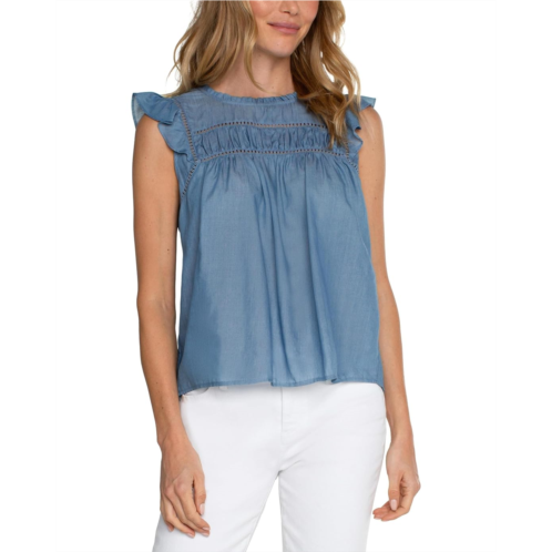 Womens Liverpool Los Angeles Flutter Sleeve Top with Trim Detail Lightweight Chambray