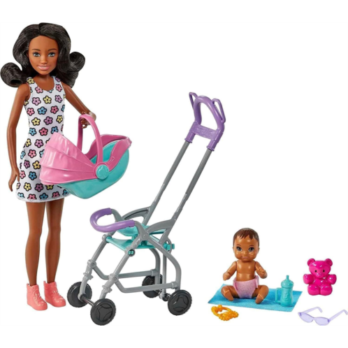 Barbie Skipper Babysitters Inc Playset with Brunette Doll, Stroller, Baby Doll & 5 Accessories, Remove Stroller Seat for Carrier