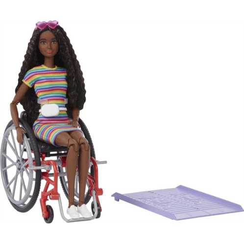 Barbie Fashionistas Doll #166 with Wheelchair and Ramp, Crimped Brunette Hair and Rainbow-Striped Dress with Accessories (Amazon Exclusive)