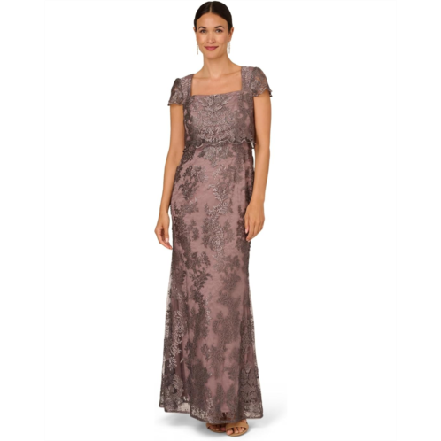 Adrianna Papell Metallic Embroidered Pop Over Mob Gown