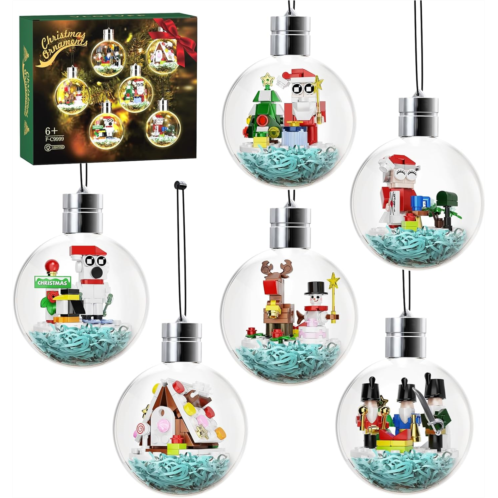 VLOTVFP Christmas Ornaments Building Kit with LED Light, Xmas Tree Decorations Contains Santa Claus Gingerbread House Snowman Elk Nutcracker Polar Bear Toys, Compatible with Lego Festival