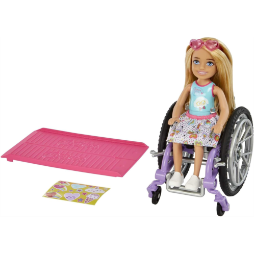 Barbie Chelsea Doll & Wheelchair with Moving Wheels, Ramp, Sticker Sheet & Accessories, Small Doll with Blonde Hair