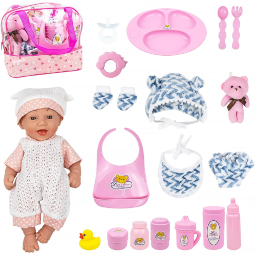 KalaDuck Baby Doll Set, 10 Newborn Realistic Baby Doll Toys with Clothes, Feeding Set, Doll Bear, Handbell and More Doll Accessories, 20 PCS Pretend Play Baby Doll Bag Playset for