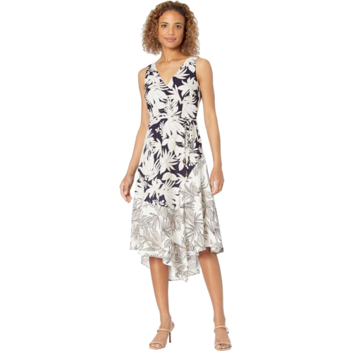 Vince Camuto Printed Linen Mix Print V-Neck Midi