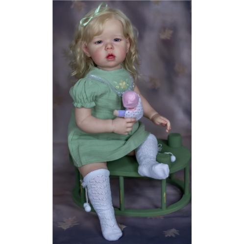iCradle 28Inch Reborn Baby Doll Curly Blonde Hair Liam Girl Silicone Vinyl Material Soft Cloth Body Lifelike Newborn Toddler Doll Child Gift for Age 3+