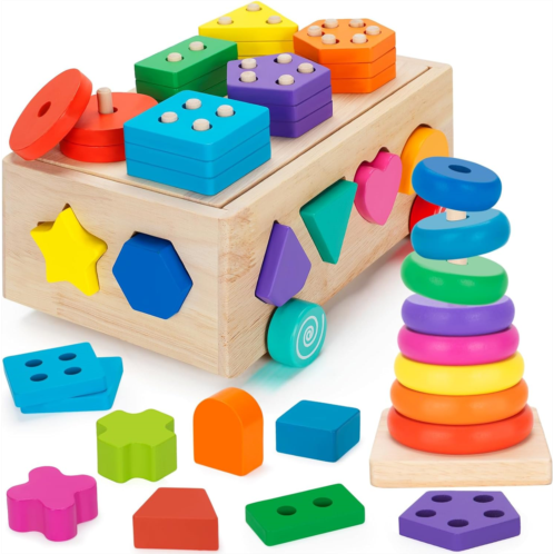 Aigybobo Montessori Toys for Toddlers 1+ Year Old, Wooden Shape Sorting Matching & Ring Stacking Toys, Kids Preschool Learning Toys 12-18 Months, Ideal Gift for Boys Girls Age 1 2