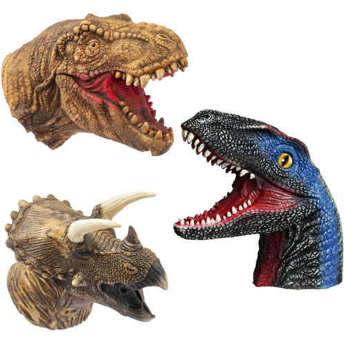 Yolococa Dinosaur Hand Puppets Realistic Latex Soft Animal Head Toys Set, Hand Puppet Toys Gift for Kids, Party Show Imaginative Play (Tyrannosaurus & Triceratops & Velociraptors)
