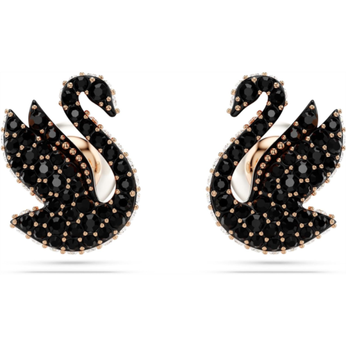 Swarovski Swan Stud Earrings, Swan Motif with Black Pave Crystals and Pearl Closure in a Rose Gold-Tone Finished Setting, Part of the Swarovski Swan Collection