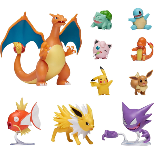 Pokemon Official Ultimate Battle Figure 10-Pack - 2 Pikachu, 2 Charmander, 2 Squirtle, 2 Bulbasaur, 2 Eevee, 2 Jigglypuff, 3 Magikarp, 3 Haunter, 3 Jolteon, 4.5” Charizard (Amazon