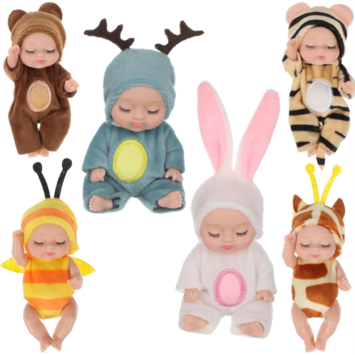 Vaguelly 6PCS Mini Baby Dolls Cute Baby Dolls Lifelike Realistic Baby Dolls Reborn Tiny Babies with Animal Clothes for Kids Girls Boys Toddlers Valentines Day