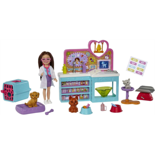 Barbie Chelsea Can Be Doll & Accessories, Pet Vet Playset with Brunette Small Doll, 4 Animals & 18 Pieces