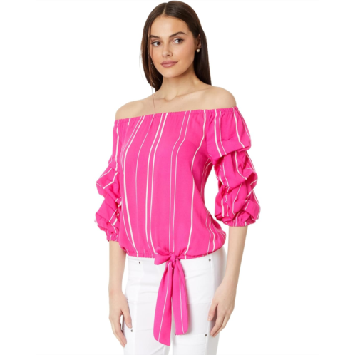 Womens Vince Camuto Bubble Sleeve Off Shoulder Crepe Stripe Blouse