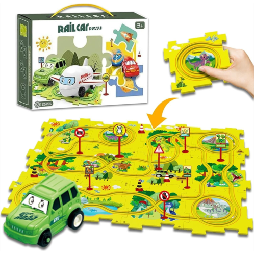 Liavuoo 25 PCS New Plastic Dinosaur Puzzles for Kids 3-5，Puzzle Car Track Play Set Gift for Toddlers Montessori Toys for Kids 3 4 5 6 Year Old Boys Girls (Dinosaur Set)
