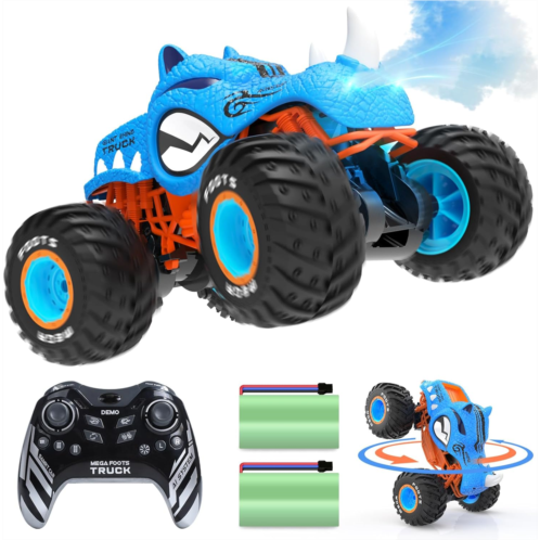 DEERC High Speed Stunt Remote Control Monster Truck for Boys, Upright 360° Swivel 4WD RC Car with LED Lights, Spray Water Mist, 2 Batteries, 2.4GHz All Terrain 1:16 Blue Rhino RC T
