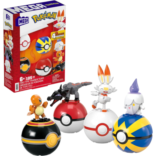 Mega Pokemon Building Toys Set Fire-Type Trainer Team with 105 Pieces, 4 Poseable Character, 2 Inches Tall, for Kids