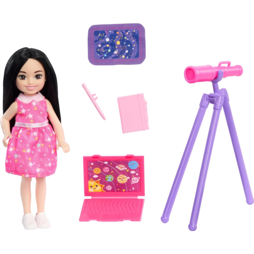 Barbie Toys, Chelsea Doll & Accessories Astronomer Set, Career Brunette Small Doll with 5 Science-Themed Pieces Including a Telescope