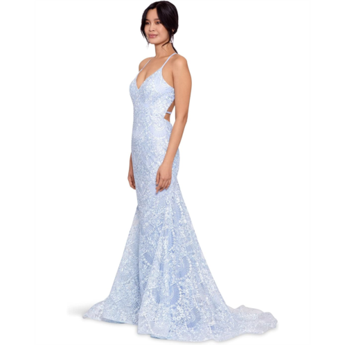 Betsy & Adam Long Mermaid Lace Gown with Stones