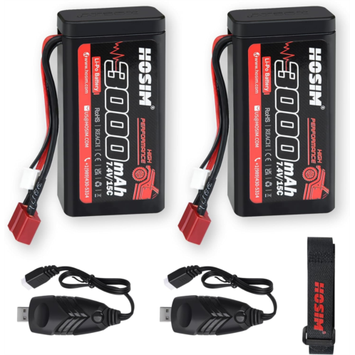 Hosim 2PCS 7.4V 15C 3000mAh Lipo Battery RC Lipo Batteries with 2 USB Chargers & 1 Battery Strap for Brushless RC Car Remote Control Car Truck RC Boat Battery