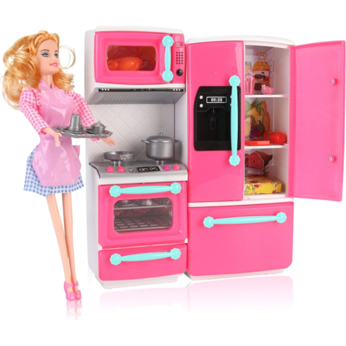 Liberty Imports Doll Size Pink Gourmet Kitchen Cooking Toy Play Set Play House & Accessories with Doll Girls Pretend Play Furniture Appliances with Lights & Sound