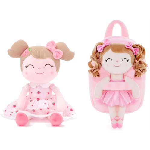 Gloveleya Baby Girl Plush Doll & Toddler Girls Toy Backpack Bundle -Strawberry Doll and Curly Ballerina Pink Backpack