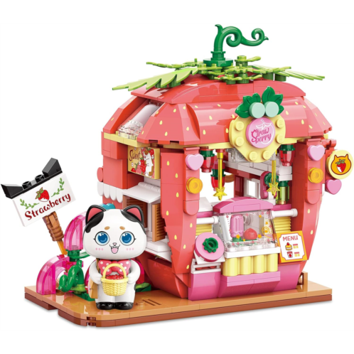 TOY PLAYER Cat Strawberry House Building Set, Friends House, Creative Cute Construction Kit, with A Lovely Cat, City Corner Building Block Toy for 6+ Kids Best Gift
