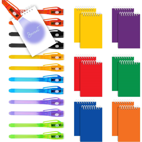 HeroFiber 12 Invisible Ink Pen with UV Light and 12 Mini Colorful Notebook Set. Party Favors for Kids 8-12, Goodie Bag Stuffers for Kids 8-12, Escape Room Party Favors, Science and