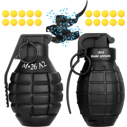 LsuBhef 2Pcs Toy Hand Grenade for Tactical Game with 20 Round Ammo Model Battle Fake Grenade Toys for Outdoor Sport Role Play Prop Game,14+ and Adults,Black