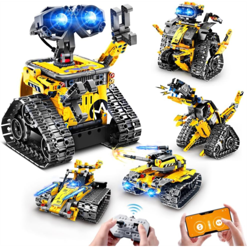 HOGOKIDS Robot Building Toys for Kids - 5 in 1 Remote & APP Controlled Building Set RC Wall Robot/Engineer Robot/Mech Dinosaur STEM Toys for Boys Girls Age 6 7 8 9 10 11 12+ Year O