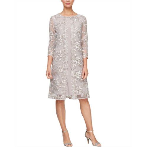 Womens Alex Evenings Short Embroidered Mock Dress with Illusion Sleeves