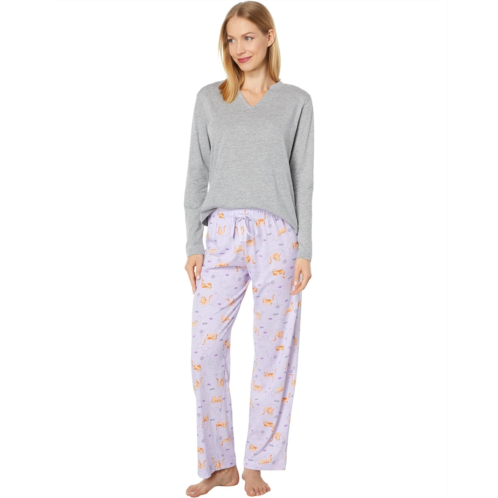 Womens Karen Neuburger Petite Long Sleeve Split-Neck Tee PJ Set