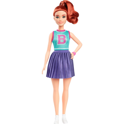 Barbie Fashionistas Doll #232 with Red Hair, Wearing Sporty “B” Jersey Top and Pleated Purple Skirt with Watch and Sneakers